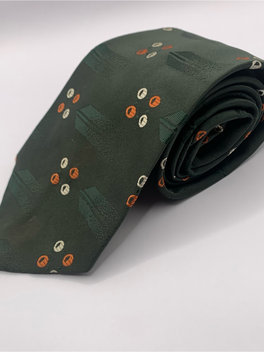 Holmes Vintage Dark Green Men's Tie with Orange and Cream Dot Accents retro